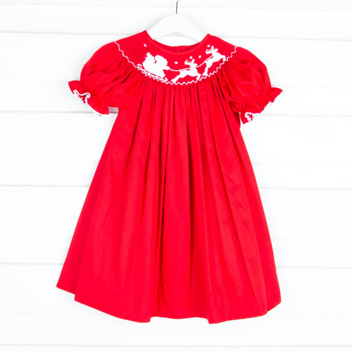 Smocked Santa's Sleigh Solid Red Bishop Dress