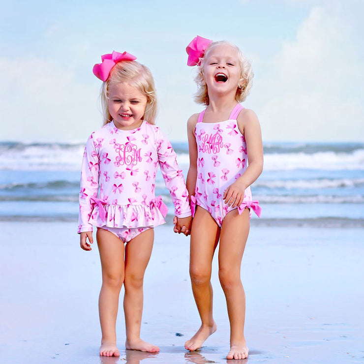 Pink Bow Print Long Sleeve One Piece Rash Guard – Smocked Auctions
