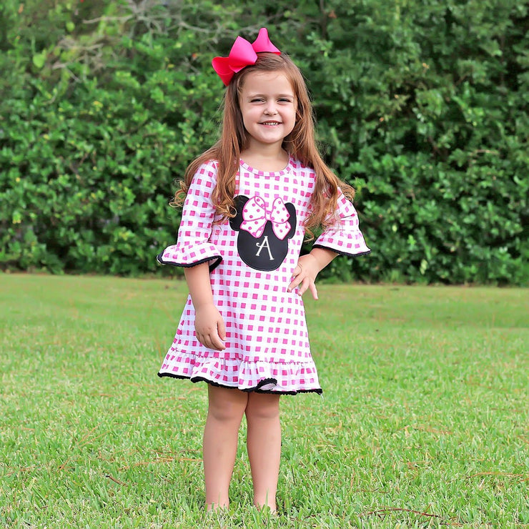 Mouse Ears Ruffle Knit Dress Hot Pink Check – Smocked Auctions