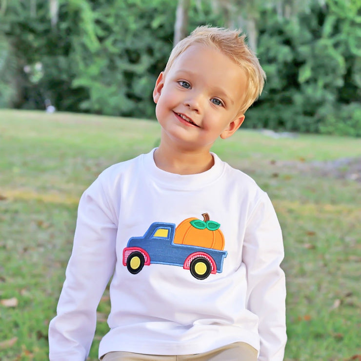 Pumpkin Truck Applique Long Sleeve Shirt White Knit – Smocked Auctions