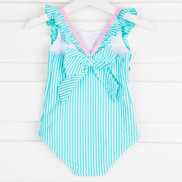 Aqua Seersucker Ruffle Swimsuit – Smocked Auctions