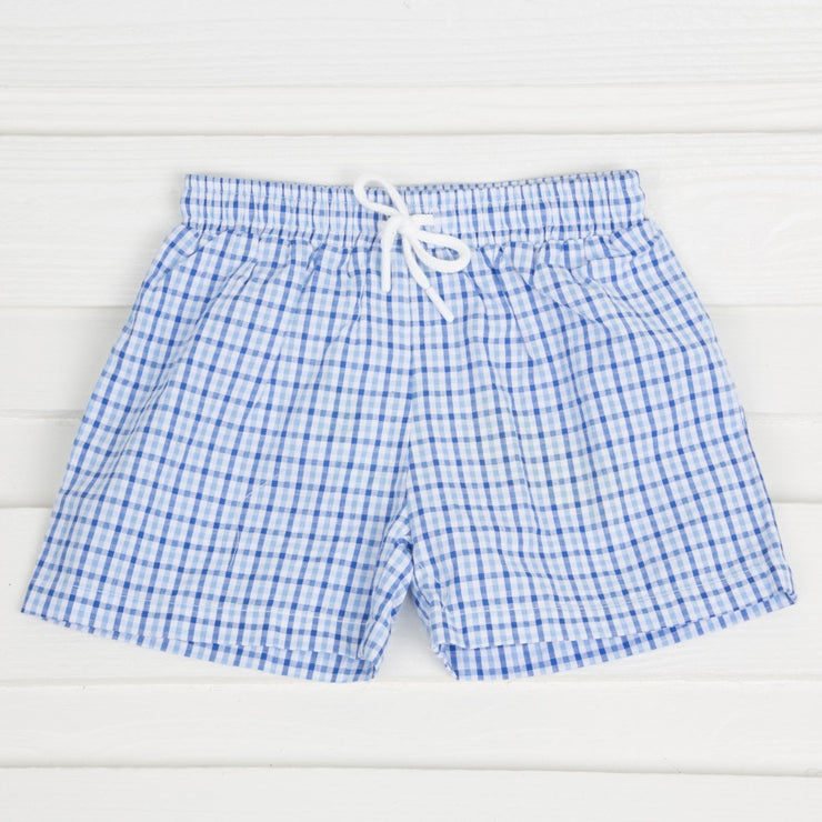 Boy Swim Trunk Two Toned Blue Seersucker Check – Smocked Auctions
