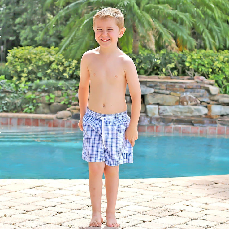 Boy Swim Trunk Two Toned Blue Seersucker Check – Smocked Auctions