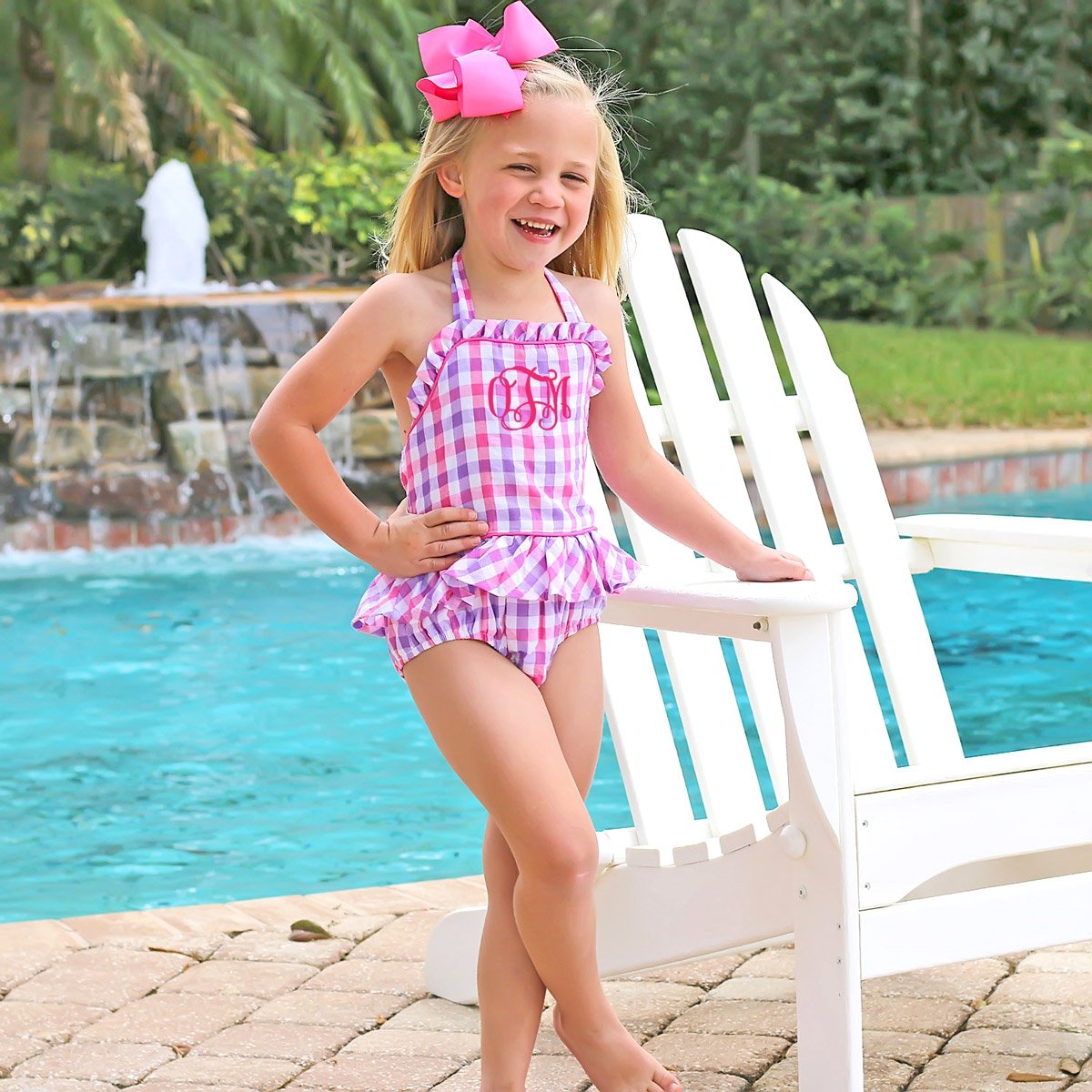 One Piece Ruffle Swimsuit Pink and Purple Seersucker Check – Smocked ...