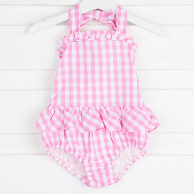 One Piece Ruffle Swimsuit Pink Check – Smocked Auctions