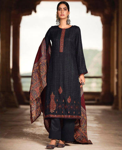 Pashmina Black Unstitched Winter Suit Set with Printed Shawl