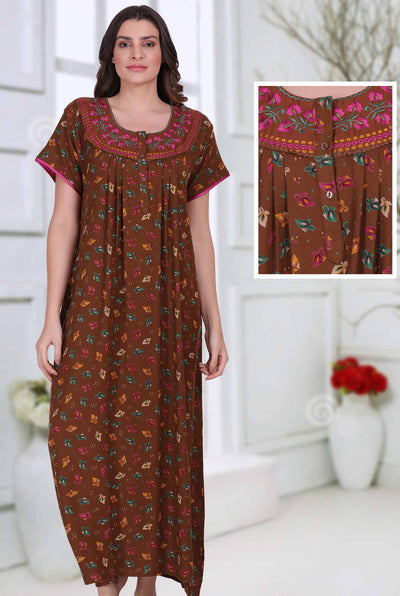 Cotton Long Maroon Nighty for Woman with Embroidery – Stilento