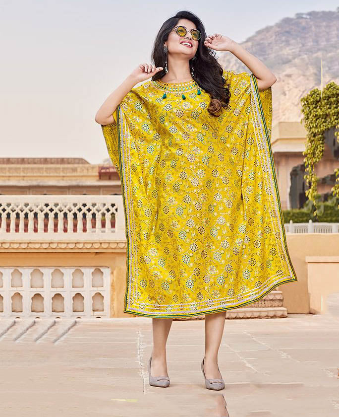 Kajal Style Cotton Green Kaftans Dress with Fancy Embroidery for