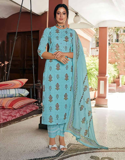 Handpicked cotton unstitched churidar set with cotton shawl - Delta Designs