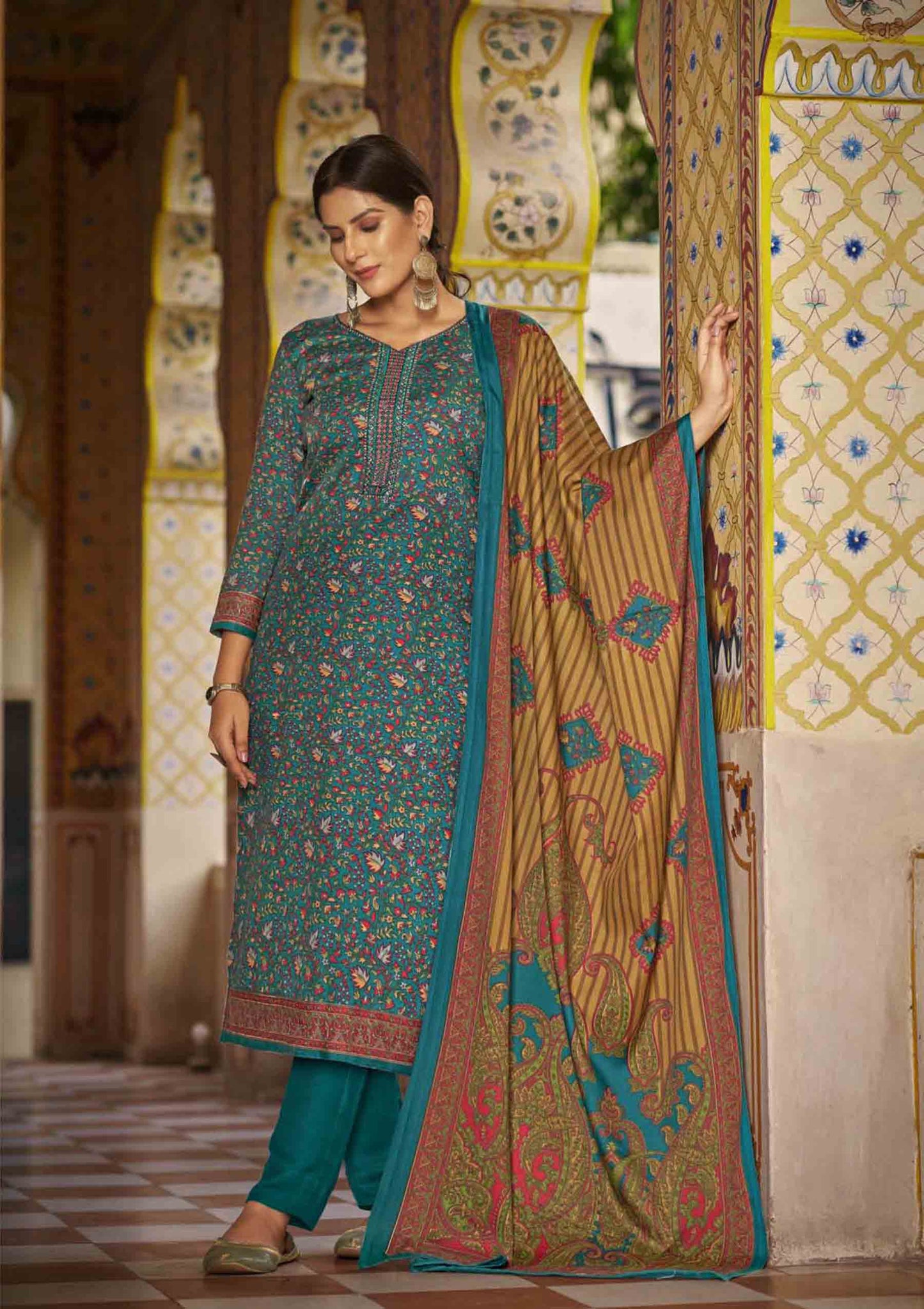 Pashmina Spun Unstitched Emerald Blue Winter Salwar Suits Set - Stilento