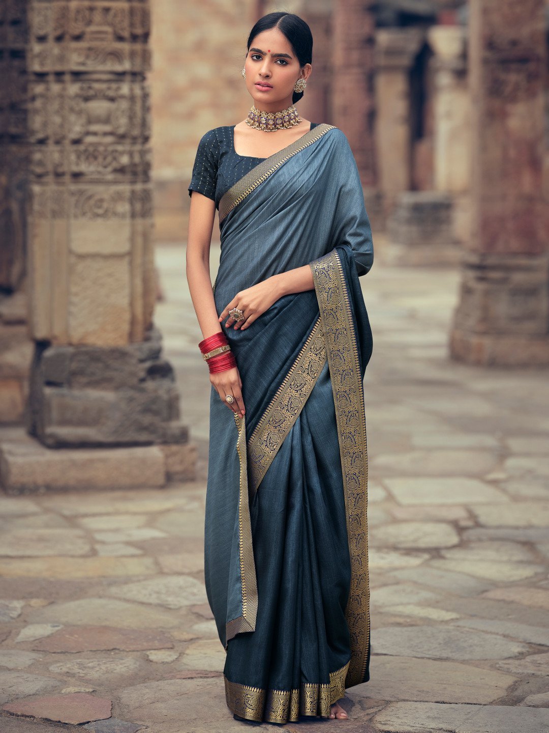 Grey & Blue Silk Patola Printed Saree