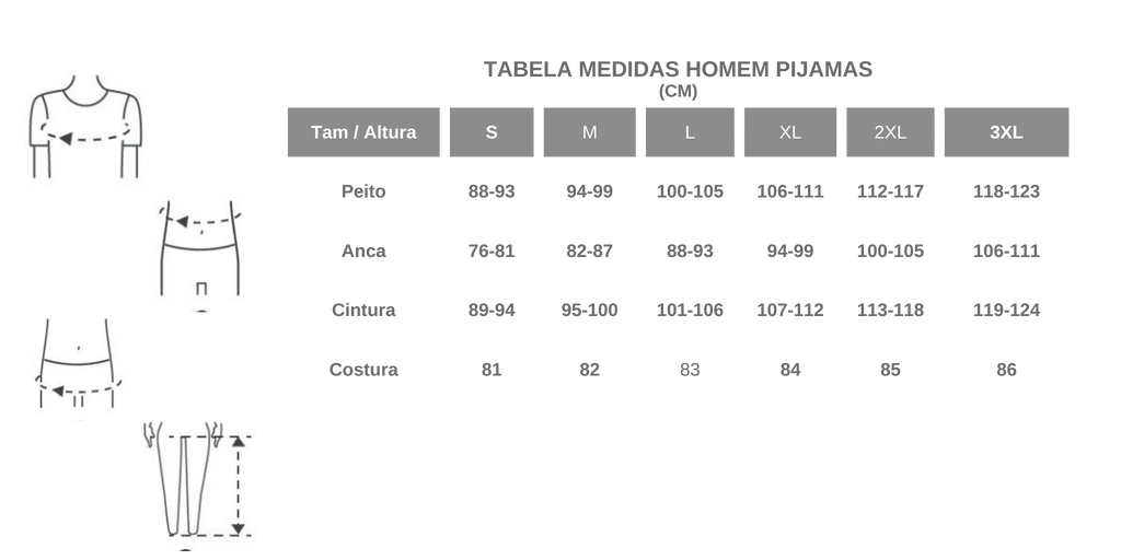 Medidas pijamas homem