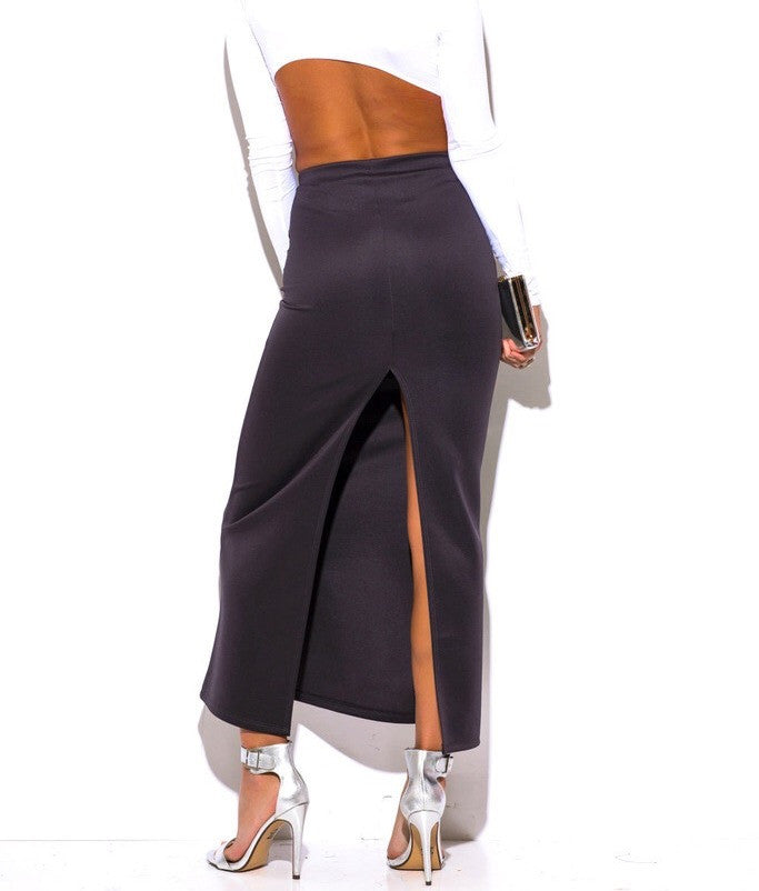 High Waist Maxi Pencil Skirt with Back Slit in Charcoal PETITE ...