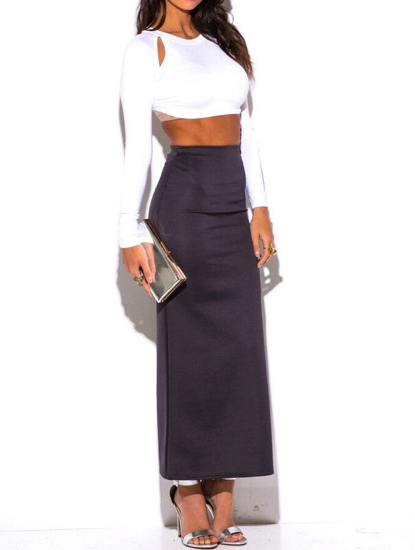 High Waist Maxi Pencil Skirt with Back Slit in Charcoal PETITE ...