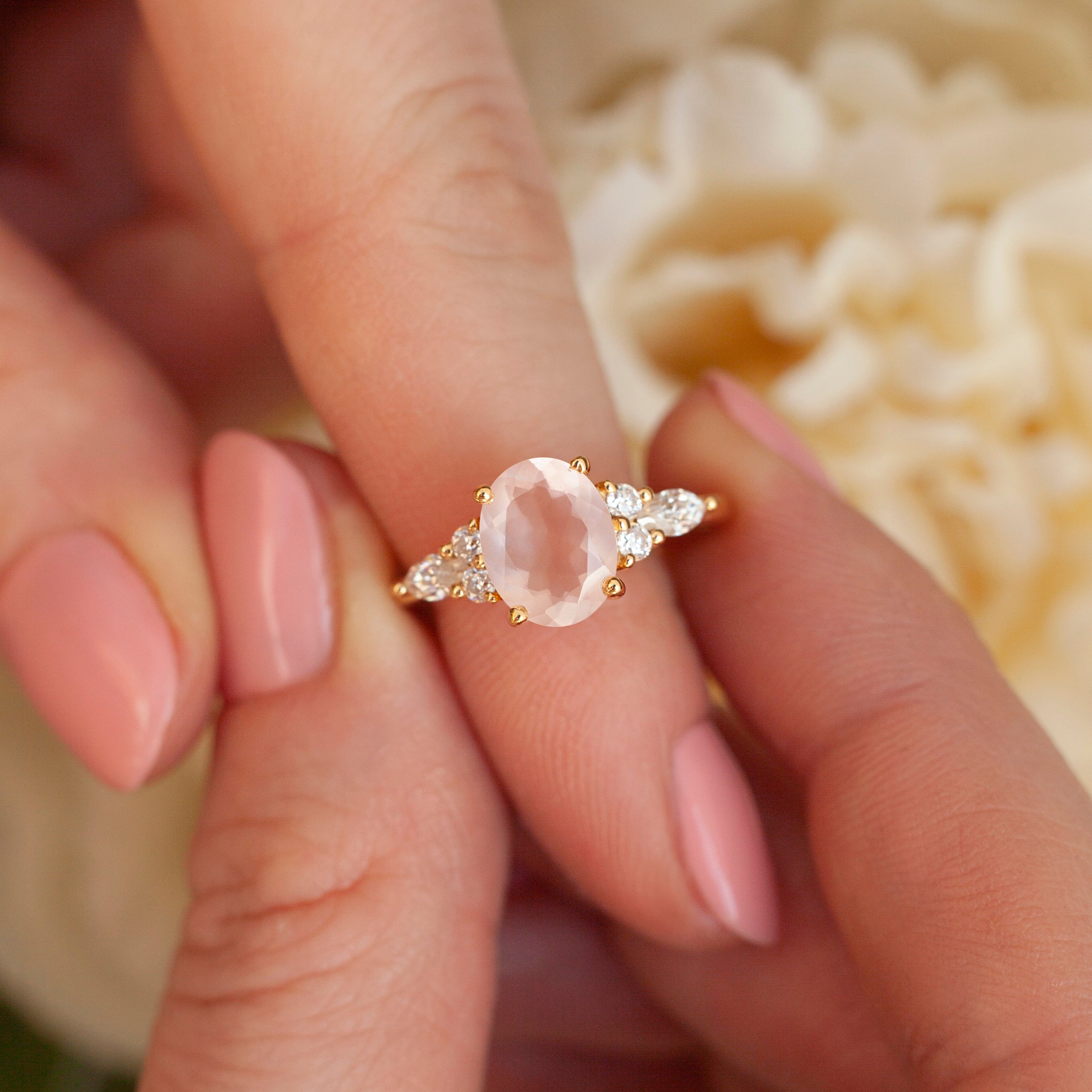 Lauryn Rose Quartz Ring with side Moissanite