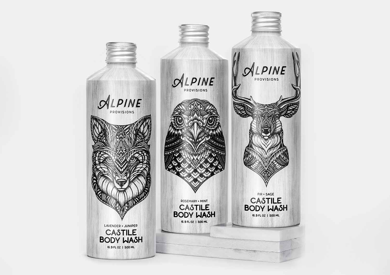 bottles of alpine provisions sustainable body wash with white background