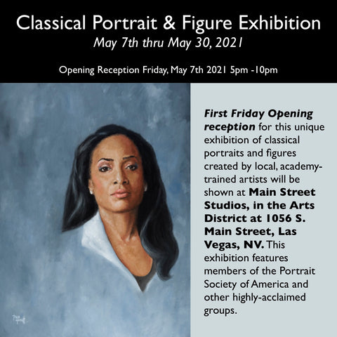 Classical Portrait & Figure Exhibition Las Vegas Nevada, May 1 thru May 31st 2021 at Main Street Studios, in the Arts District 1056 S Main Street Las Vegas Oil Painting Portrait of Taylor by artist Trae Mundt. Beautiful Black woman with long straight black hair wearing white dress shirt with collar. Blue Gray background.