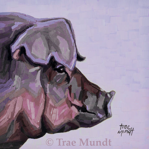 Milford - Profile Portrait of Pig Painted in Brushstrokes of Purple, Gray, Burgundy, Rose, Pale Pink, and Black Oil Painting by Trae Mundt.