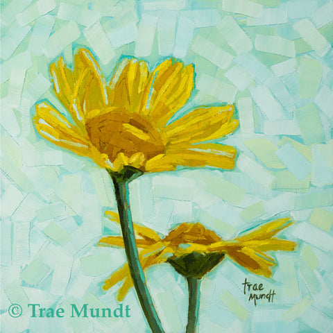 Two Cute - Two Yellow Golden Daisies with background of pale turquoise, green, and blue by artist Trae Mundt.