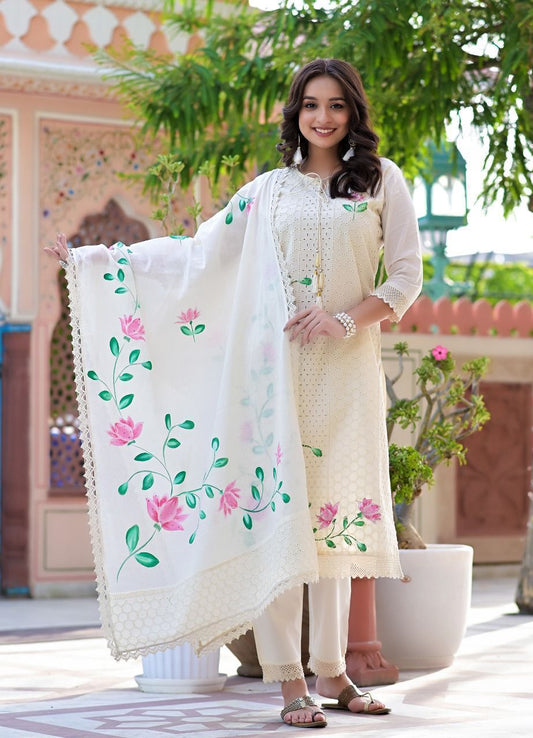 Buy Printed Design Off White Cotton Semi Stitch Kurti & Dupatta