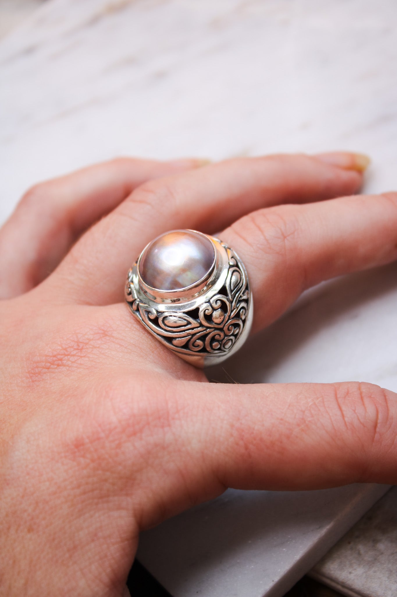 White pearl Sterling Silver Plated Wire Wrapped Ring India | Ubuy