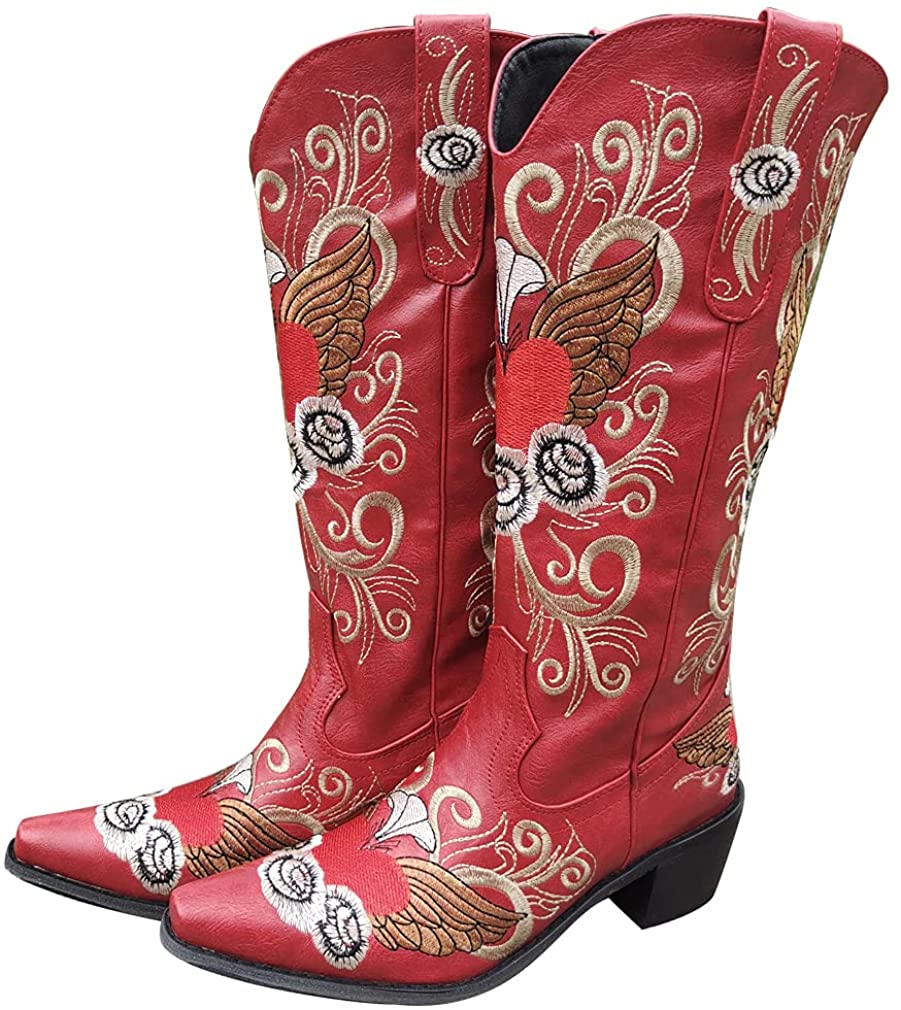 Visit the heelchic Store 4 / Red1 heelchic Women Embroidery Cowgirl Cowboy Boots Snip Toe Mid Calf Western Boots