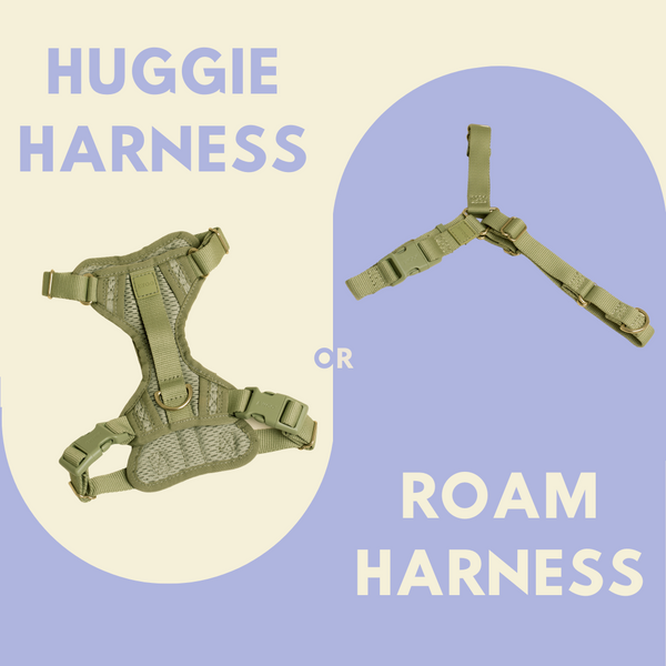 The Awoo Huggie Harness and Roam Harness sit side by side on a periwinkle background with the text 'Huggie Harness or Roam Harness'.