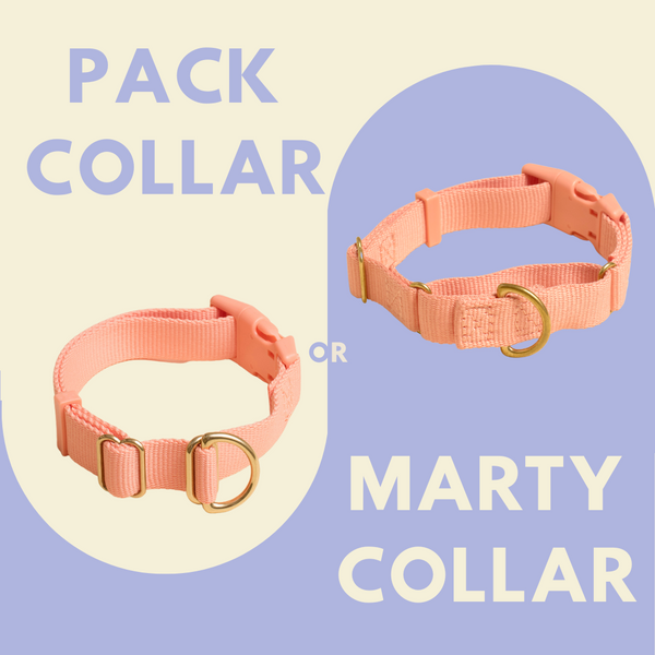 Awoo pack and marty collar sit side by side on a periwinkle background with the text 'Pack Collar or Marty Collar'