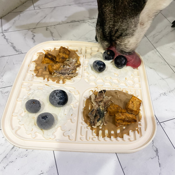 Halloween Themed Dog Lick Mat Recipe with Sardines, Blueberries, Sweet Potato, and Greek Yogurt.