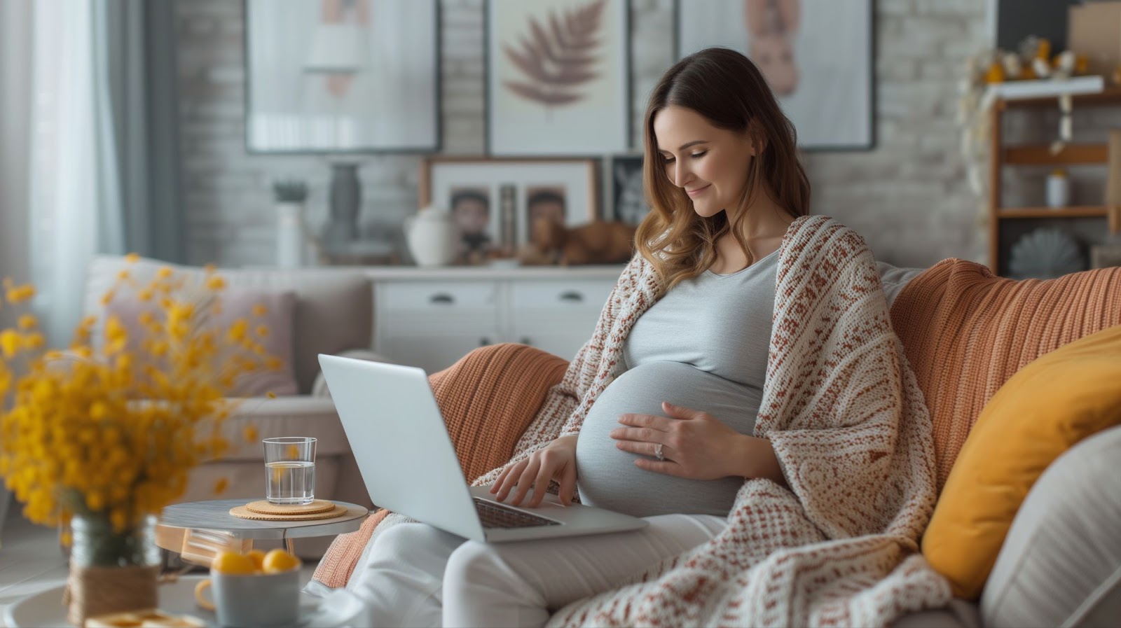 A pregnant woman sits on a couch with a laptop, exemplifying the balance between work and the demands of pregnancy.