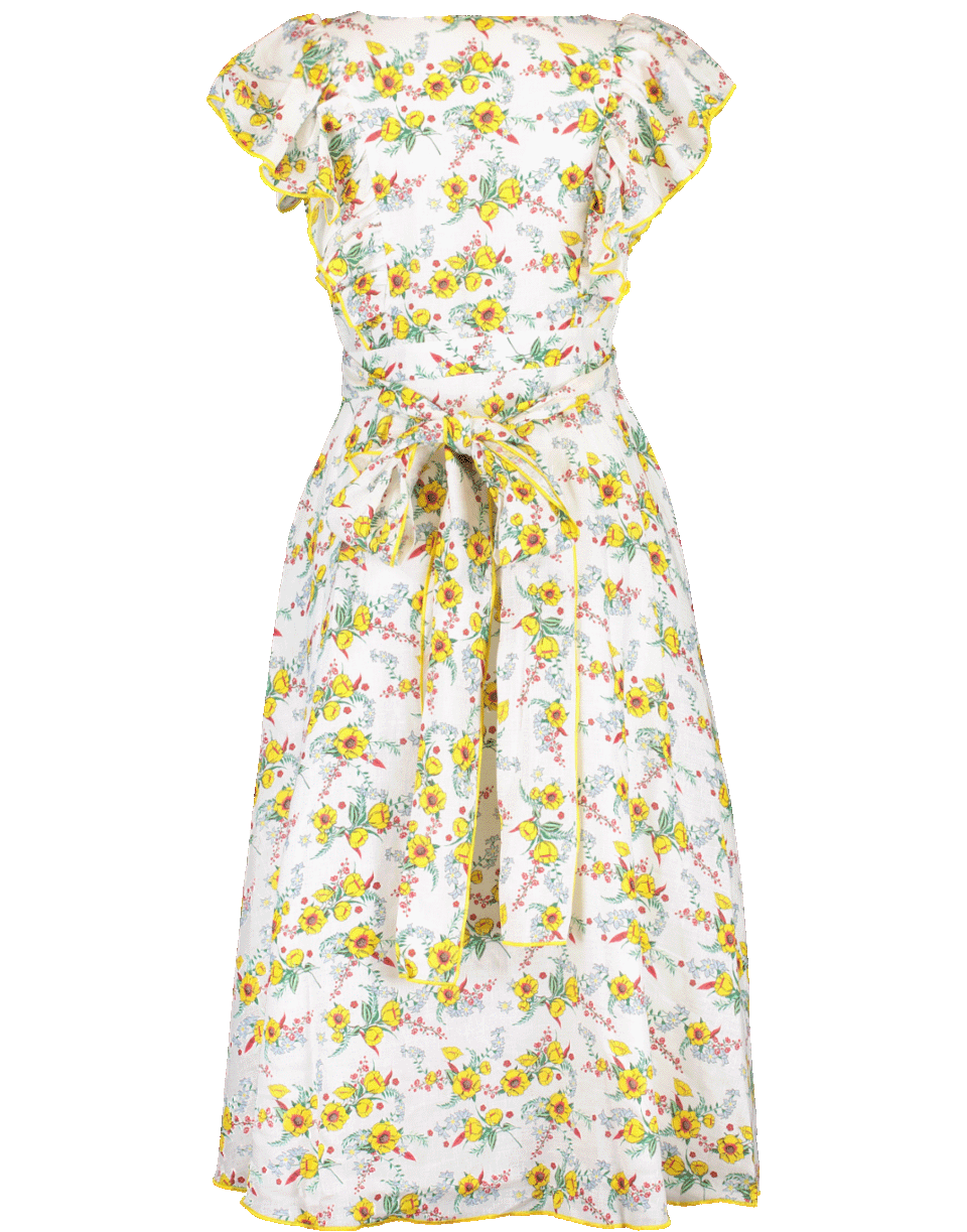 Ruffle Sleeve Daisy Print Midi Dress