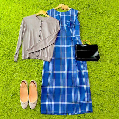 Light blue check fabric with calf length dress