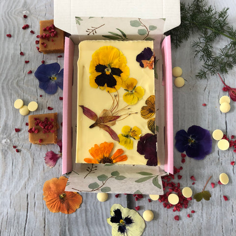 White chocolate fudge with edible flowers by Charlotte Jane Cakes
