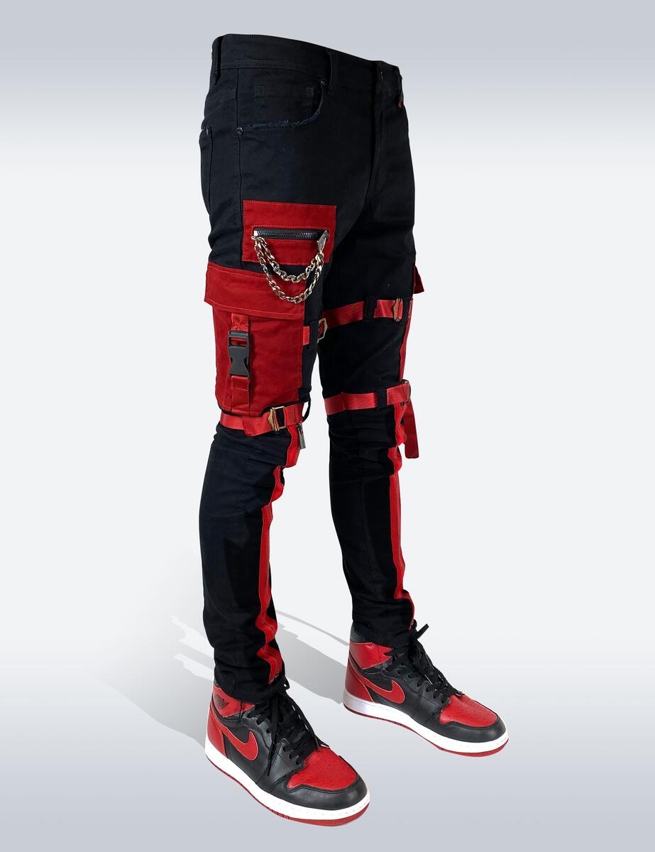 Preme Jeans-Strapped Cargo Jeans-Black/Red – Todays Man Store