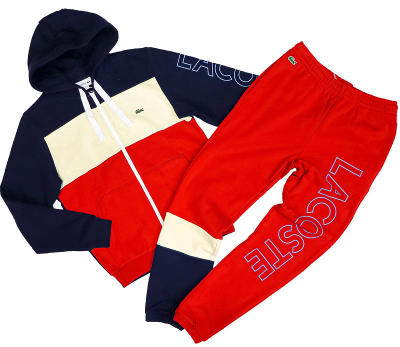 LaCoste-Hooded Colourblock Fleece Zip SweatSet-Red/Beige/Navy Blue ...