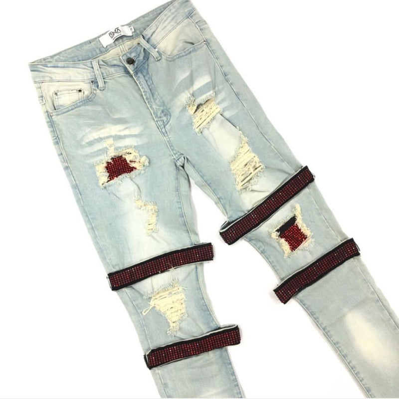 red strap jeans