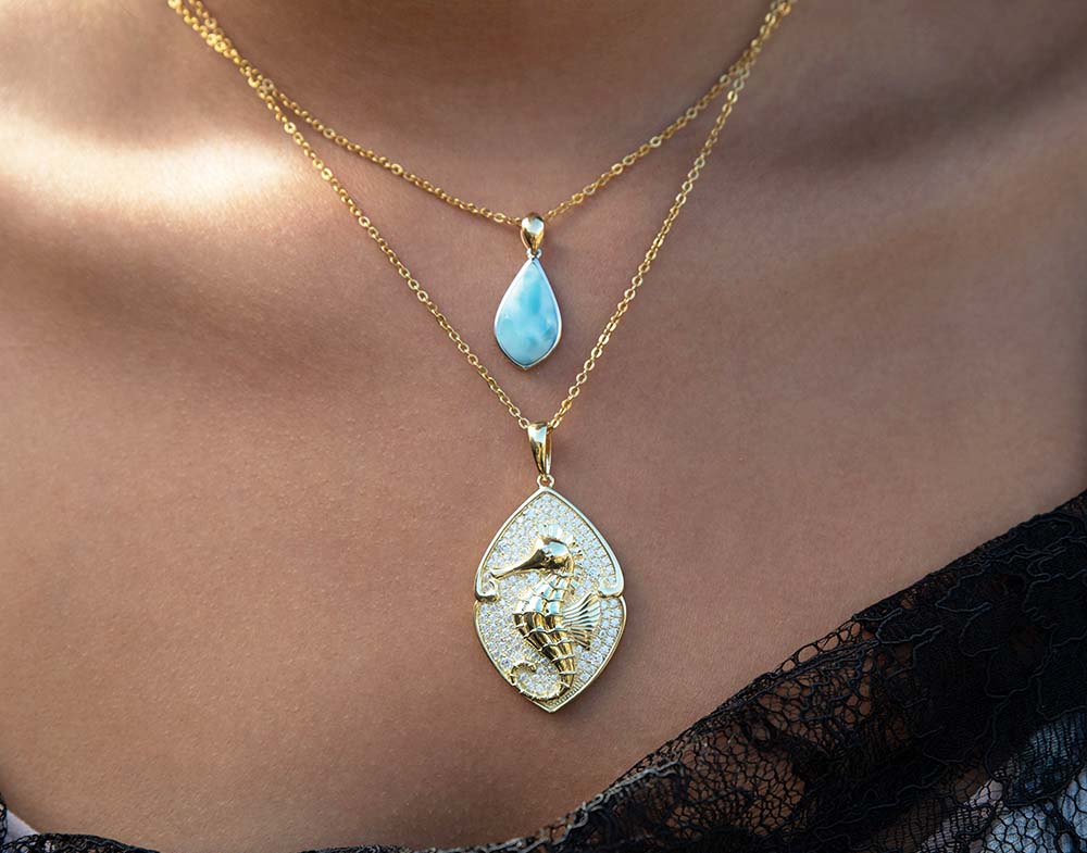 14K Gold Larimar Teardrop Pendant with Pavé Seahorse Mandorla Pendant