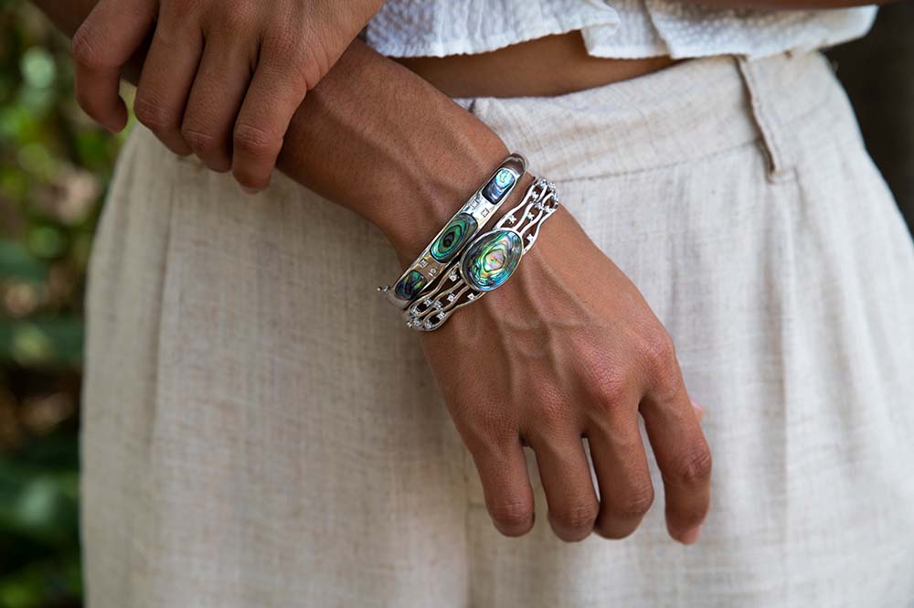 sterling silver iridescent abalone bangles