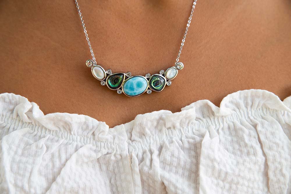 sterling silver pendant with sustainable gemstones of abalone, larimar and mother of pearl