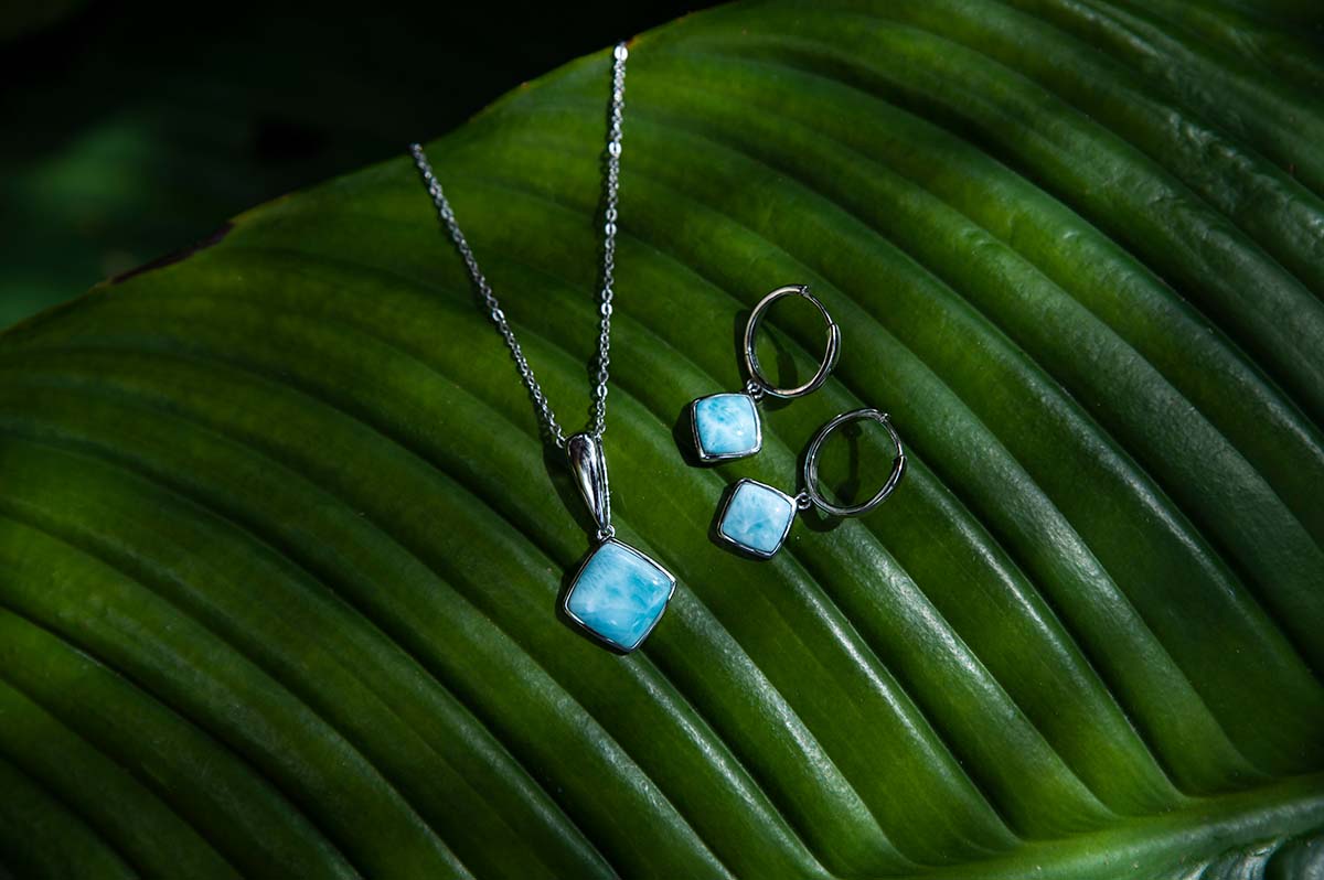 Sterling Silver Larimar Blue Gemstones jewelry set of rhombus pendant and hoop earrings