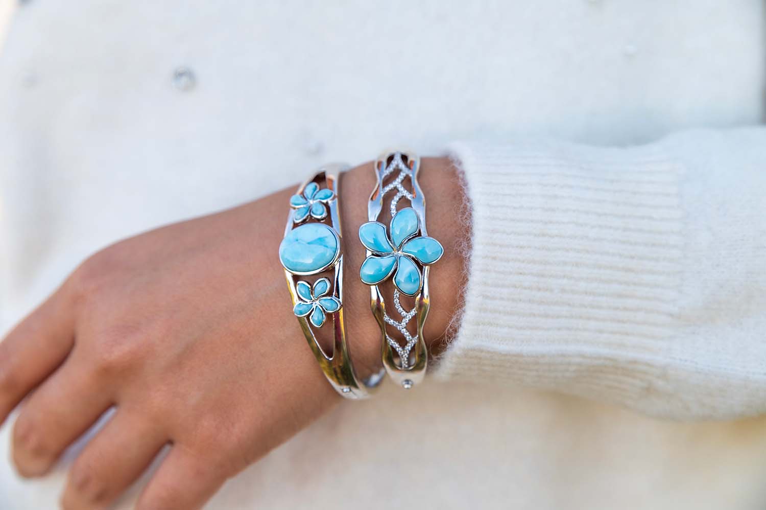 Plumeria Flower Bangle in Blue Larimar Gemstone