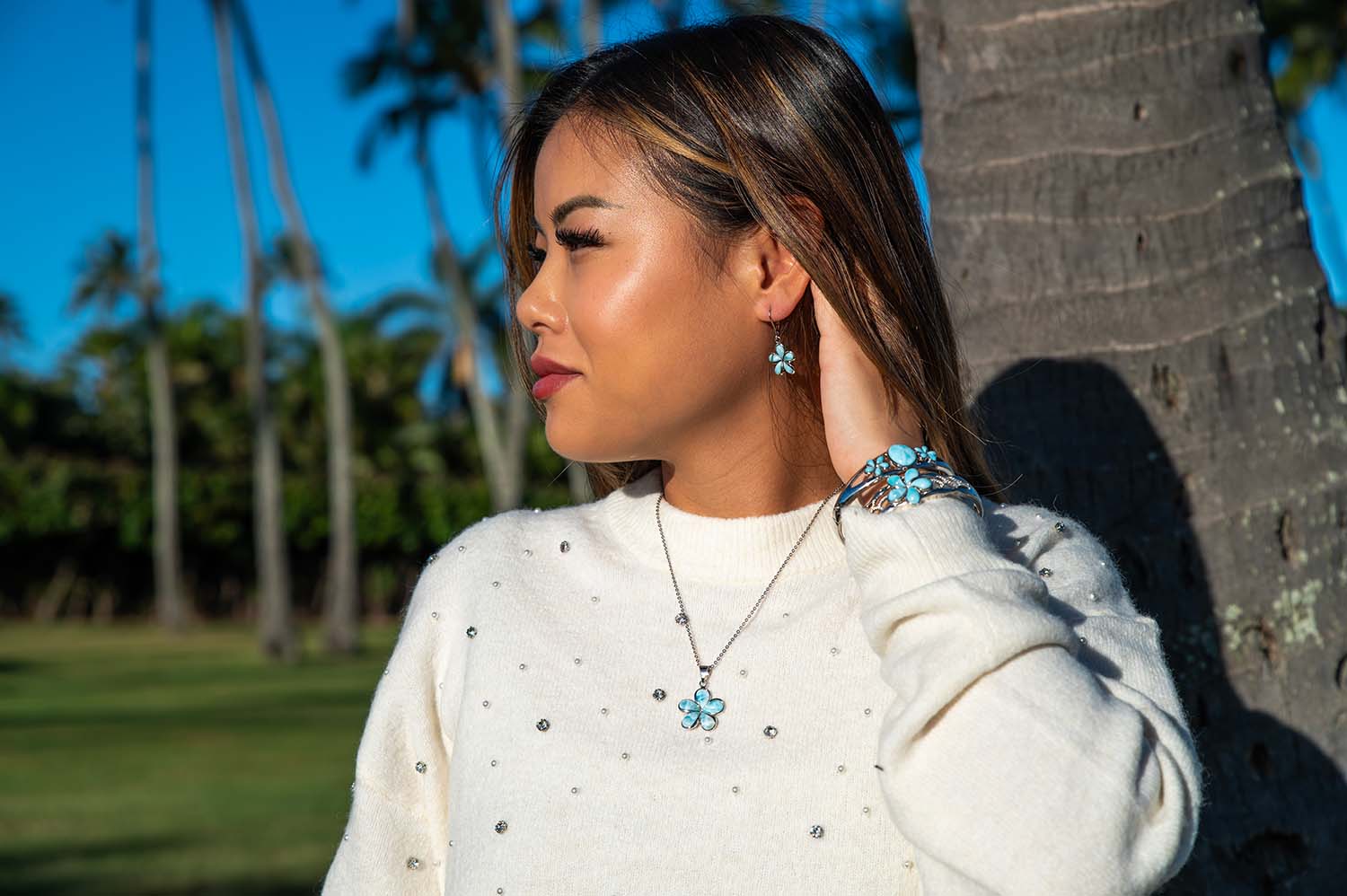 Plumeria Flower Pendant & earrings and bangles in Blue Larimar Gemstone