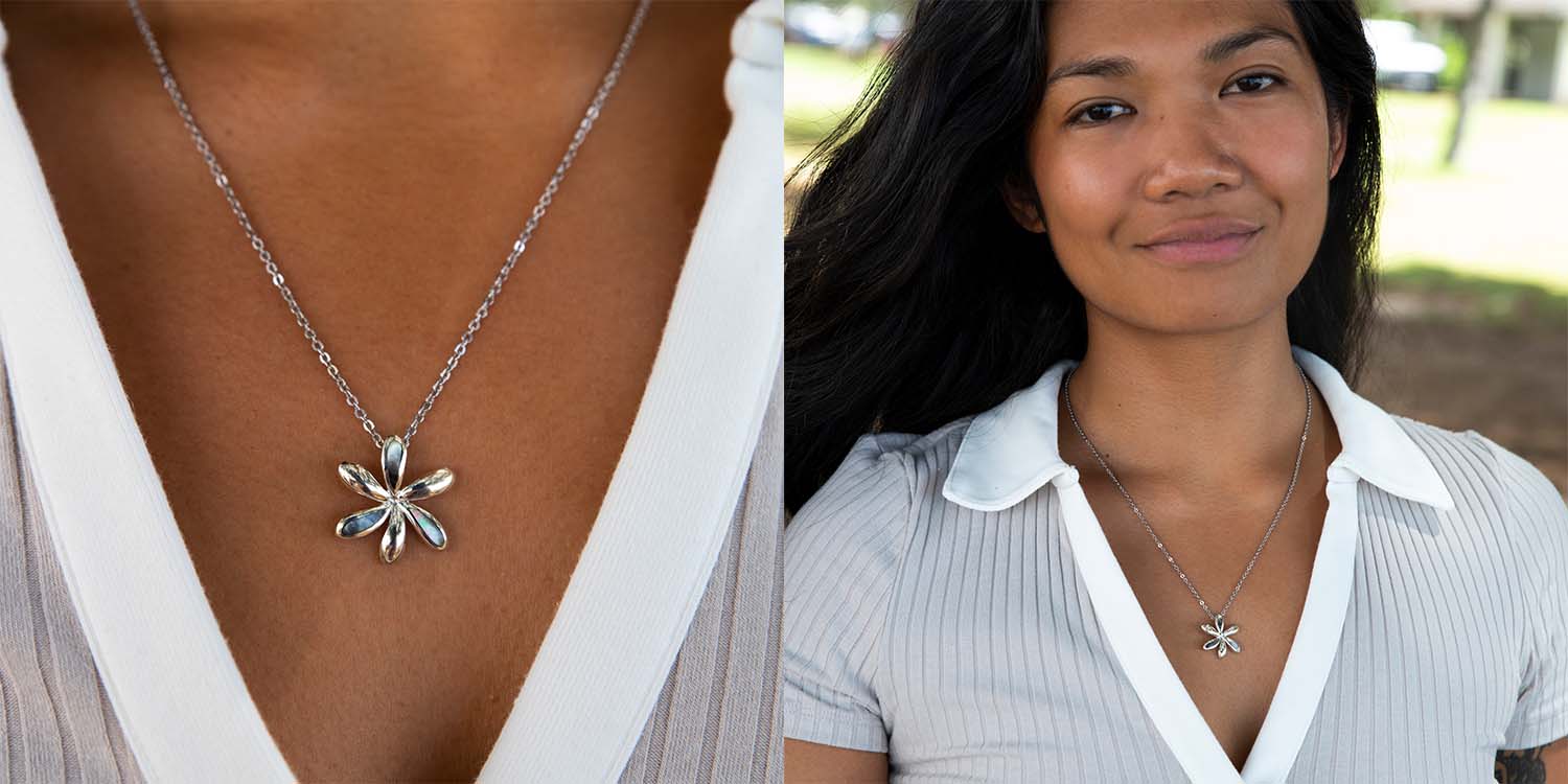 sterling silver Jasmine flower pendant paired with mother of pearl gem - a perfect gift this mother's day