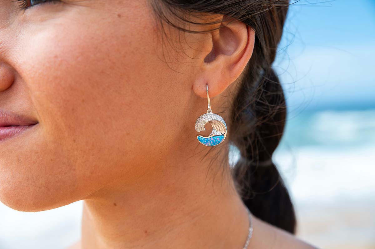 Sterling Silver Sustainable Ocean Blue Opal award winning Ocean Wave Hook Earrings with white topaz gemstones