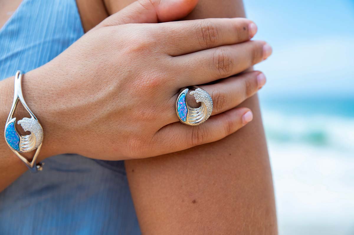Sterling Silver Sustainable Ocean Blue Opal award winning ocean wave Ring with White Topaz gemstones