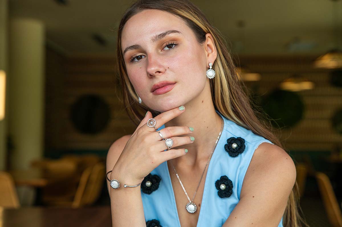 Sterling silver sunflower jewelry set with pendant, earrings, sleek bangle and ring paved with white topaz gemstones and paired with a sterling silver compass ring