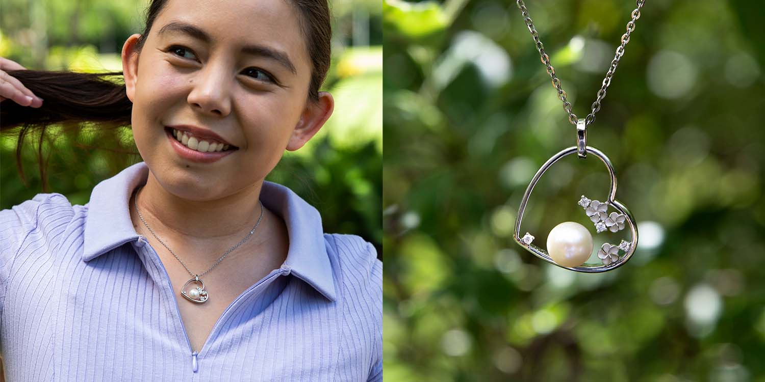 heart pendant with white pearl and plumeria paired with white topaz gemstones - a perfect gift this mother's day