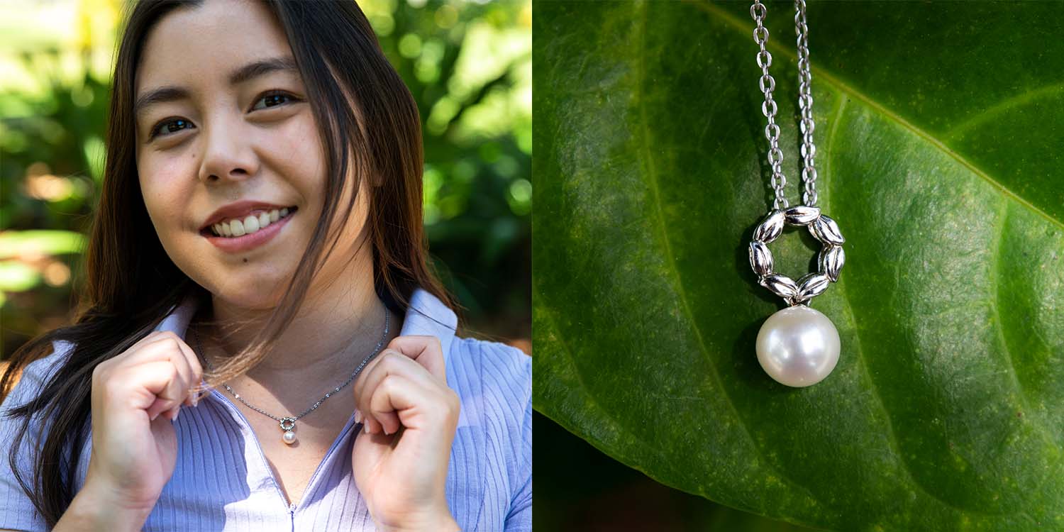 sterling silver circle with white pearl pendant featuring the maile leaf infinity lei design - a perfect gif this mother's day