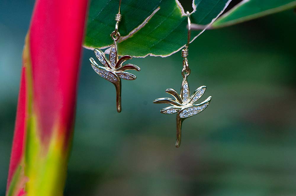 gold heliconia hook earrings lined with topaz