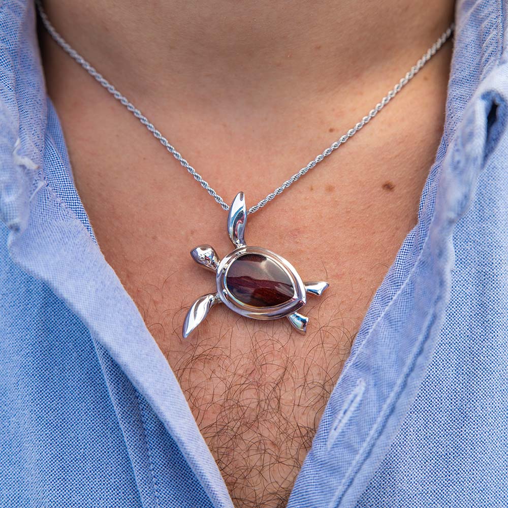 sterling silver sea turtle pendant paired with dark Cocobolo wood